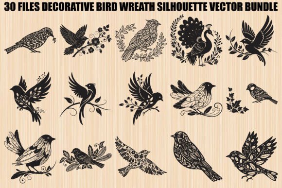 Decorative Bird Wreath Silhouette Bundle: Graphics & Illustrations for Branding