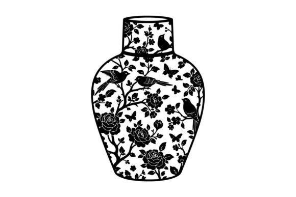 Silhouette of a Decorative Vase with Flo